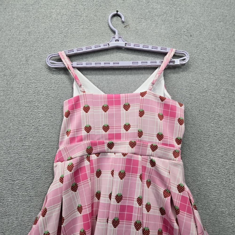 Hot Topic Women Dress L Pink Strawberry Plaid Lace Up Mini Fit & Flare V Neck - Picture 8 of 8